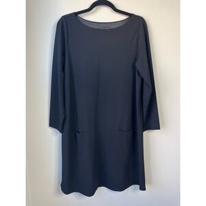Eileen Fisher Shift Dress Black Long Sleeve Boat Neck Italian Ponte Knit M